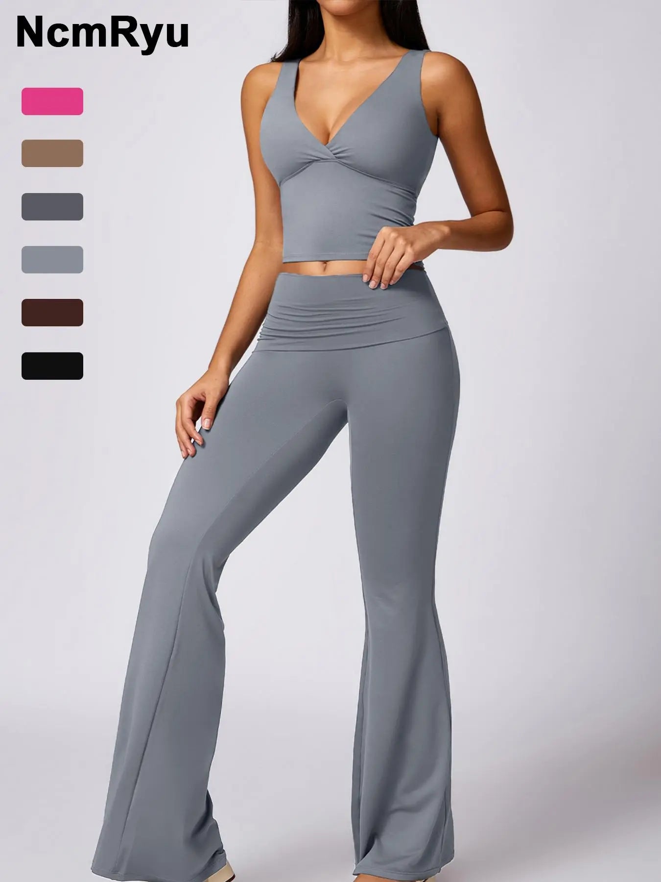 Women'S High Elastic Soft Deep V-Neckline Beautiful Back Bra Beveled Edge Turnable Wide Leg Pants Yoga Suit Outdoor Running Cycling Walking Fashion Suit Gym Training Sports Outer Wear Bra Flared Pants, Athleisure Outfits, Athleisure Wear