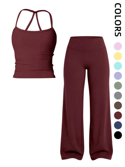 Women'S Two-Piece Set Tank Top + High-Waisted Wide-Leg Pants, Breathable Sports, Yoga Gym Running, Summer Fitness Wear, Matching Gym Set