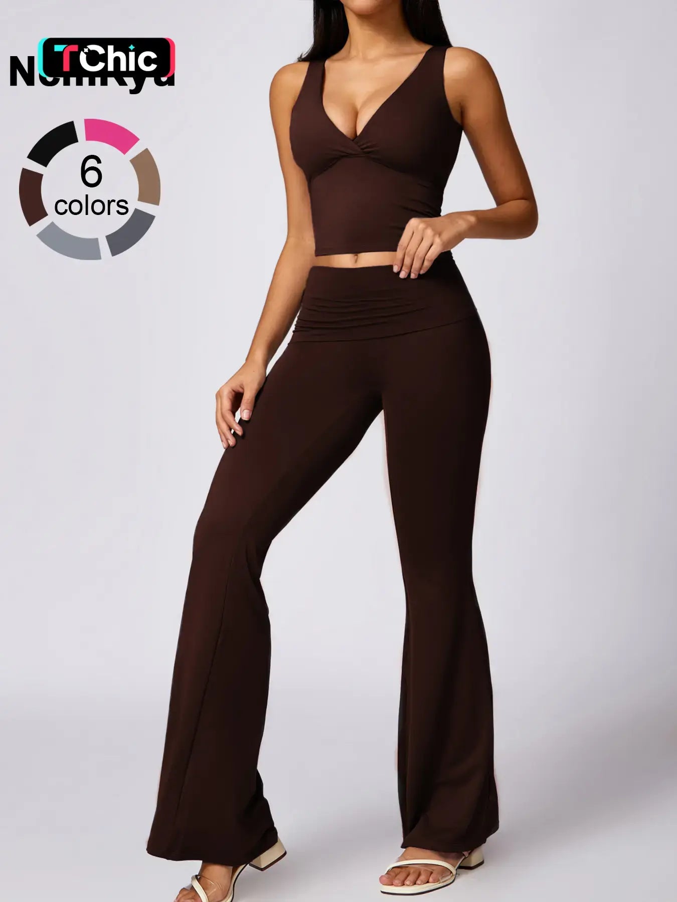 Women'S High Elastic Soft Deep V-Neckline Beautiful Back Bra Beveled Edge Turnable Wide Leg Pants Yoga Suit Outdoor Running Cycling Walking Fashion Suit Gym Training Sports Outer Wear Bra Flared Pants, Athleisure Outfits, Athleisure Wear