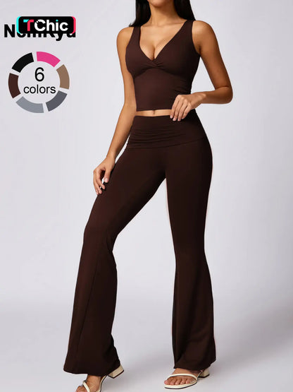 Women'S High Elastic Soft Deep V-Neckline Beautiful Back Bra Beveled Edge Turnable Wide Leg Pants Yoga Suit Outdoor Running Cycling Walking Fashion Suit Gym Training Sports Outer Wear Bra Flared Pants, Athleisure Outfits, Athleisure Wear