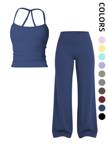 Women'S Two-Piece Set Tank Top + High-Waisted Wide-Leg Pants, Breathable Sports, Yoga Gym Running, Summer Fitness Wear, Matching Gym Set