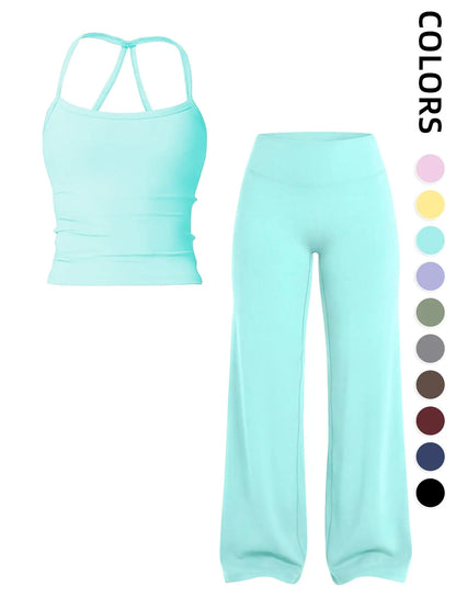 Women'S Two-Piece Set Tank Top + High-Waisted Wide-Leg Pants, Breathable Sports, Yoga Gym Running, Summer Fitness Wear, Matching Gym Set
