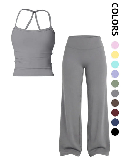 Women'S Two-Piece Set Tank Top + High-Waisted Wide-Leg Pants, Breathable Sports, Yoga Gym Running, Summer Fitness Wear, Matching Gym Set