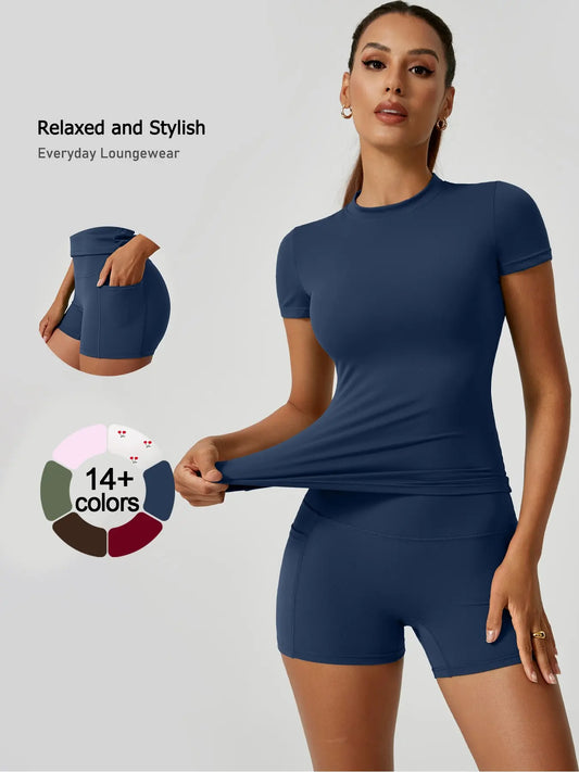 2 Piece Set Women'S Sportswear Set Yoga Suit Set Solid Color Quick Drying Short Sleeved Top with Pockets on Both Sides Shorts with Tight Fit Suitable for Yoga Gym Training Running Cycling Golf All Season Outdoor Simple and Versatile Short Sleeved Shorts
