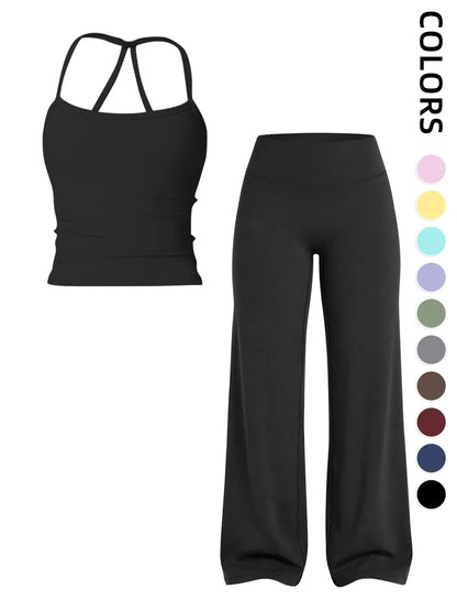 Women'S Two-Piece Set Tank Top + High-Waisted Wide-Leg Pants, Breathable Sports, Yoga Gym Running, Summer Fitness Wear, Matching Gym Set