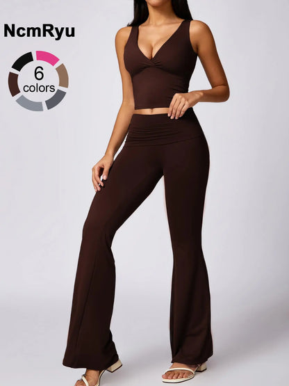 Women'S High Elastic Soft Deep V-Neckline Beautiful Back Bra Beveled Edge Turnable Wide Leg Pants Yoga Suit Outdoor Running Cycling Walking Fashion Suit Gym Training Sports Outer Wear Bra Flared Pants, Athleisure Outfits, Athleisure Wear