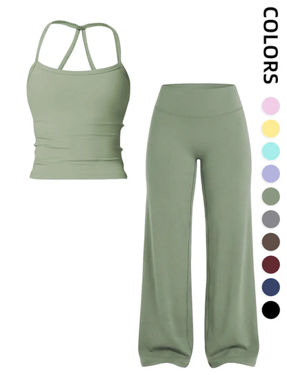 Women'S Two-Piece Set Tank Top + High-Waisted Wide-Leg Pants, Breathable Sports, Yoga Gym Running, Summer Fitness Wear, Matching Gym Set