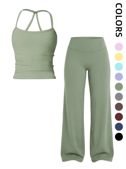 Women'S Two-Piece Set Tank Top + High-Waisted Wide-Leg Pants, Breathable Sports, Yoga Gym Running, Summer Fitness Wear, Matching Gym Set